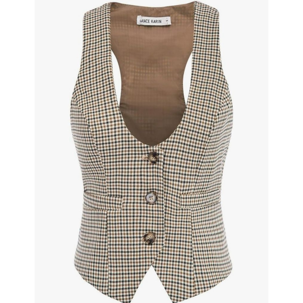 Grace Karin - Women's Plaid Vest - Brown Black - Size: XL - NWT